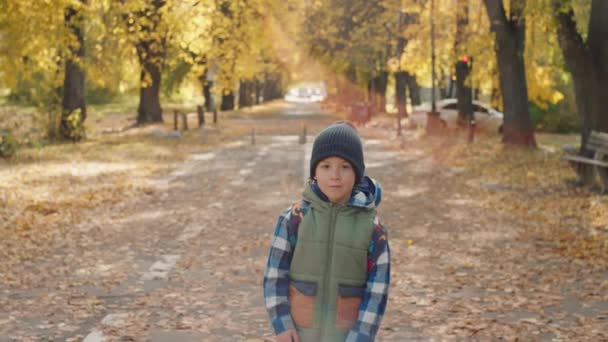 Jesienna Podróż Edukacyjna Kid Pędzi Klasy Wśród Żółtych Liści Wysokiej — Wideo stockowe