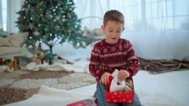 Neşeli Sürpriz: Neşeli Çocuk Parlayan Noel Ağacı 'nın altında Noel Baba' nın hediyesini açıyor. Yüksek kalite 4k görüntü