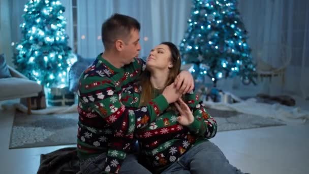 Caucasian Couple Celebrating New Year Together Hugging Rejoicing Man Kisses — Stock Video