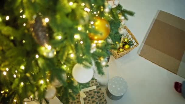 圣诞老人特快专递 在圣诞树下漂亮包扎的盒子里近距离放置女性手的新年礼物 高质量的4K镜头 — 图库视频影像