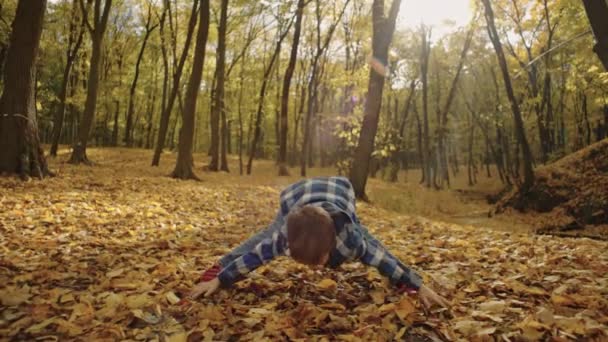 Whispers Fall Delight Mosolygós Fiú Teremt Szívmelengető Emlékek Arany Erdőben — Stock videók