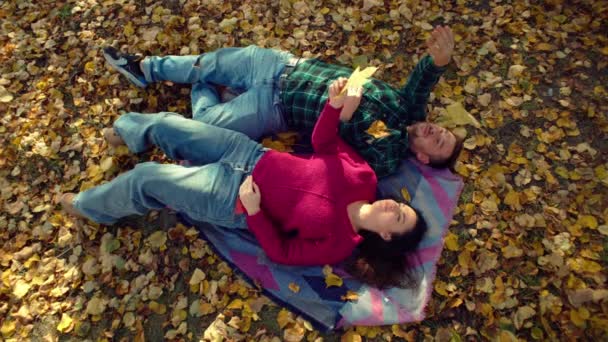 Season Love Warm Moments Happy Couple Lying Golden Leaf Showered — Vídeos de Stock