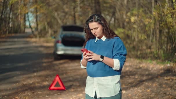 Reiseprobleme Verstörtes Mädchen Telefon Meldet Auto Ärger Der Werkstatt Hochwertiges — Stockvideo