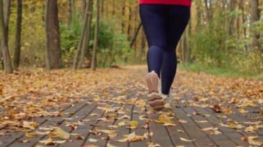 Sarı yapraklarla koşan bir kadının bacaklarının yakın çekimi. Aktif fitness dersleri, kardiyo eğitimi, kalori yakma. Yüksek kalite 4k görüntü