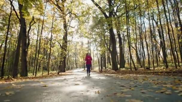 Sprint Fall Empowering Womens Health Sporty Runs Het Herfst Park — Stockvideo
