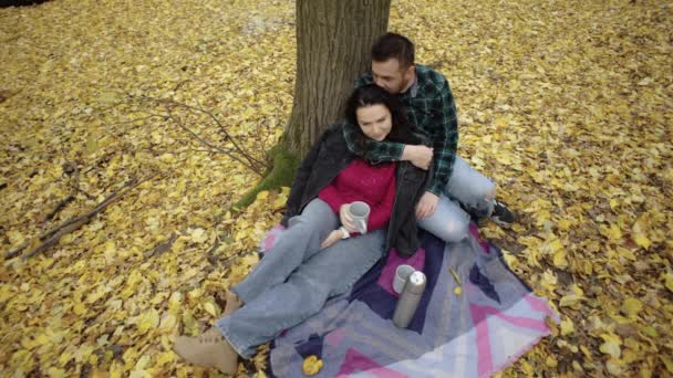 Romantisch Kaukasisch Koppel Picknick Het Herfstbos Een Man Knuffelt Een — Stockvideo