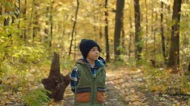 Sonbahar ormanında yürüyen bir çocuğun portresi. Doğada mutlu bir çocukluk, uzun mektupların mevsiminde, bir çocuğun gülümsemeleri. Yüksek kalite 4k görüntü
