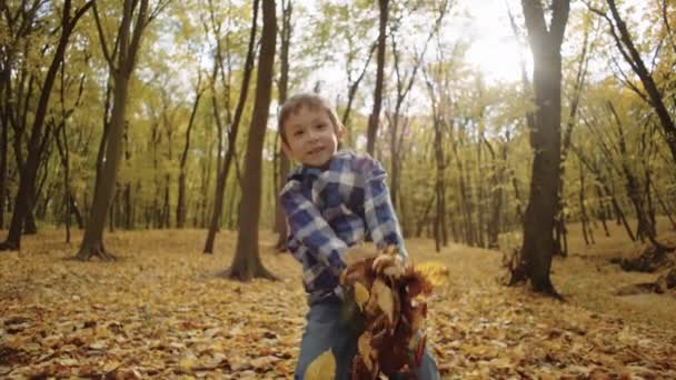 Jesienna Rozkosz Wesołe Dziecko Bawiące Się Rzucając Jasne Żółte Liście — Wideo stockowe