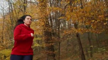 Autumn Bliss in Motion: A Womans Energetic Run through the Golden Leaves of a Fall Park, Promoting Health and Active Living. High quality 4k footage
