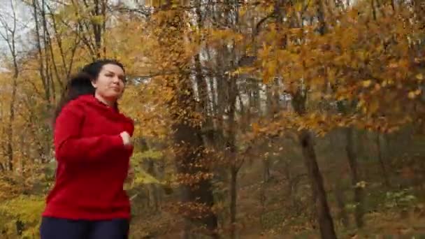 Autumn Bliss Motion Womans Energetic Run Golden Leaves Fall Park — Vídeos de Stock