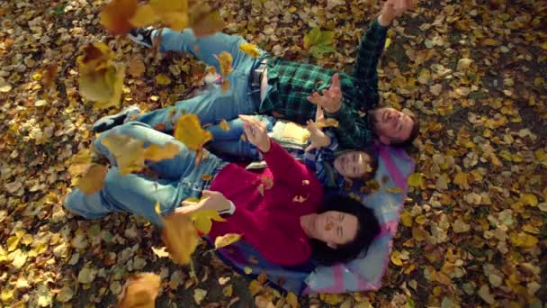 Romantic Fall Getaway Joyful Pair Resting Yellow Blanket Embraced Whirling — стоковое видео