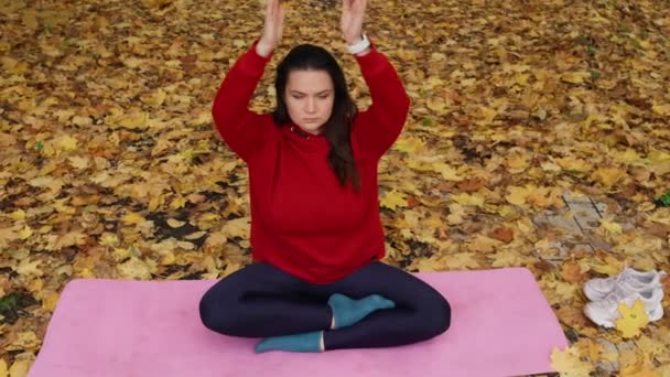 Beautiful Caucasian Woman Meditating Yoga Mat Autumn Park Girl Folded — Stock video