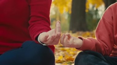Anne ve oğlu yoga yapıyor, sonbahar parkında birlikte meditasyon yapıyorlar. Ebeveynler ve çocuklar sarı sonbahar yapraklarının üzerinde otururken denge arıyorlar. Yüksek kalite 4k görüntü