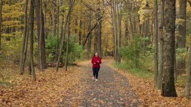Sonbahar parkında sabah koşusu. Koşu ve spor sporları aktif bir kadın yaşam biçimidir. Yüksek kalite 4k görüntü