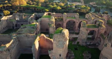 Hava manzaralı Palatine Hill Perspektifleri Roma İtalya. Avrupa Roma İmparatorluğu tarihinin tarihi merkezindeki antik kalıntılar. Yüksek kalite 4k görüntü