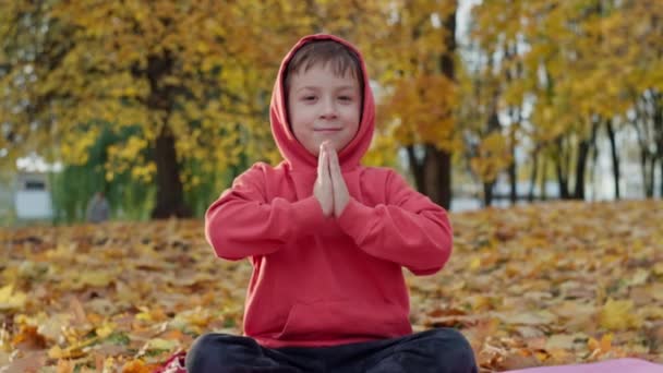 Anak Kecil Bermeditasi Saat Matahari Terbenam Taman Kelas Yoga Untuk — Stok Video