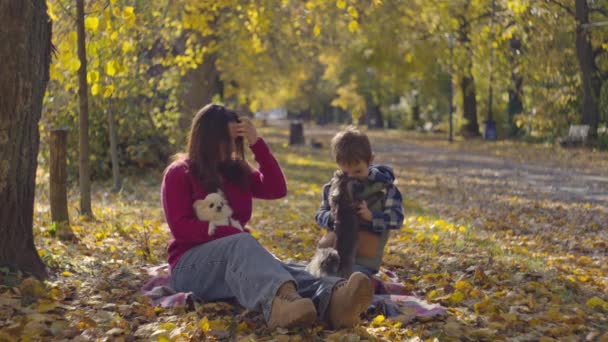 Een Gezin Speelt Met Honden Zittend Een Blad Een Herfstpark — Stockvideo