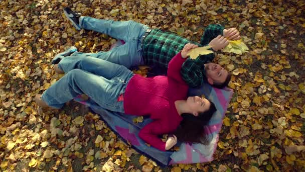 Autumn Love Bliss Happy Couple Relaxing Golden Leaf Park Surrounded — Stock Video