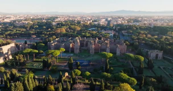 Ruins Aerial Tour Italys Baths Caracalla Ancient Wonders Modern Rome — Vídeo de Stock