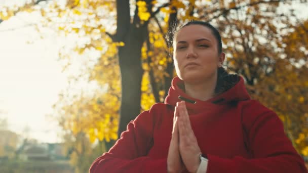 女性は秋の公園で平和に瞑想し バランスを取ります 女の子は仏陀のポーズでヨガをする 高品質の4K映像 — ストック動画