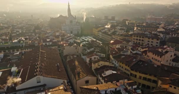 Häpnadsväckande Vyer Drönare Öga Utforskning Florences Santa Croce Basilica Och — Stockvideo