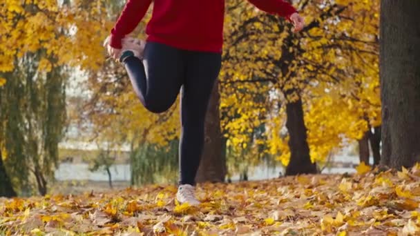 Embracing Fall Breeze Stunning Girl Engages Pre Jog Ritual Vibrant Video Clip