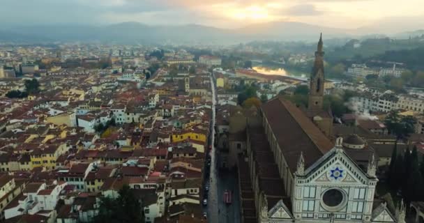 Zonsondergang Silhouetten Luchtfoto Van Florences Santa Croce Basiliek Oude Wereld — Stockvideo