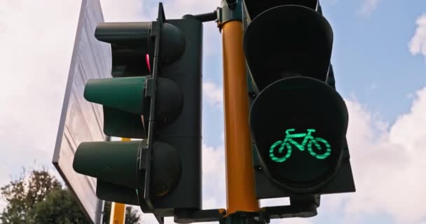 Zbliżenie Sygnalizacji Świetlnej Zielonym Światłem Dla Rowerzystów Regulacja Ruchu Drogach — Wideo stockowe