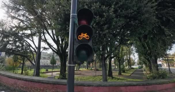 Närbild Ett Trafikljus Med Rött Ljus För Cyklister Reglering Trafiken — Stockvideo