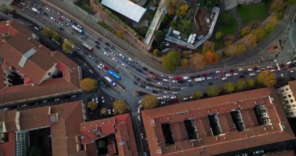 Flygfoto Stadsbild Med Trafik Florens Italien Trafikstockningar Den Historiska Stadskärnan — Stockvideo