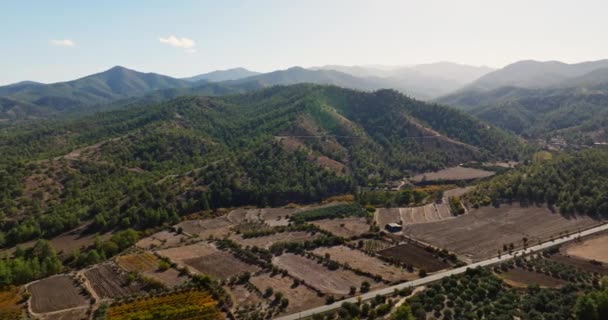 Vista Aérea Del Paisaje Kakopetria Los Campos Agrícolas Cordilleras Cultivo — Vídeos de Stock