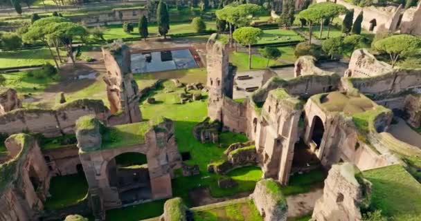 意大利罗马卡拉卡拉浴场的空中景观 一座美丽的古罗马遗迹景观位于旅游之都的中心 是国家考古遗址博物馆 位于市中心 — 图库视频影像
