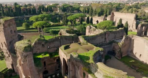 上からの古代の不思議 イタリアのローマのカラカラの浴場の空中探査 ヨーロッパの首都の観光客の喧騒の中で壮大な遺跡の壮大な眺めを提供する — ストック動画