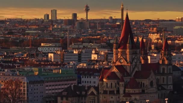 Widok Lotu Ptaka Zachód Słońca Wiedniu Austria Panoramiczny Miejski Krajobraz — Wideo stockowe
