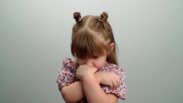 Portrait Caucasian Baby Girl Offended Emotion Girl Folded Her Hands — Stock Video