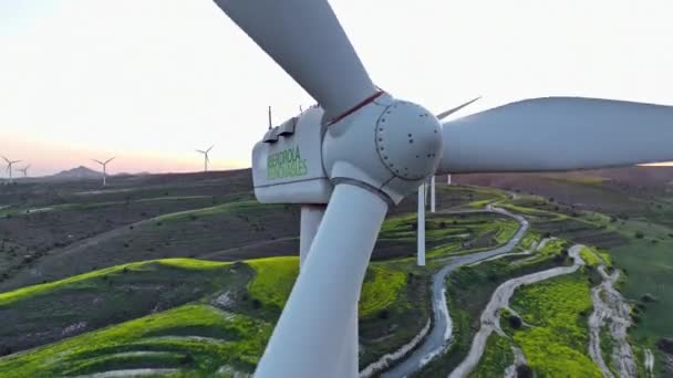 从空中看风车的特写 风力发电站在美丽的自然景观中 叶片旋转 产生生态清洁的电力 高质量的4K镜头 — 图库视频影像