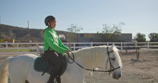 Kvinna Rider Häst Ranch Ridning Och Vackra Djur Gården Högkvalitativ — Stockvideo