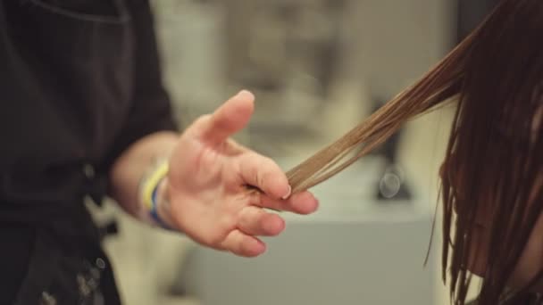 Κοντινό Πλάνο Ενός Κομμωτή Χέρι Κοπής Μιας Γυναίκας Μαλλιά Ψαλίδι — Αρχείο Βίντεο