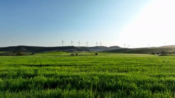 Journey Greener Future Majestic Aerial View Windmills Powering Landscape Symbolizing — Vídeo de Stock