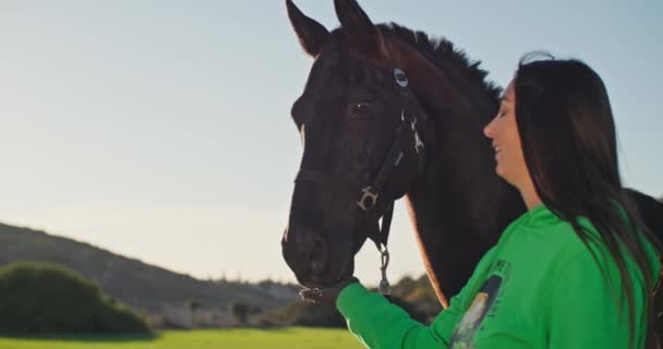Mulher Graciosa Acariciando Cavalo Rancho Amor Cuidado Animais Imagens Alta — Vídeo de Stock
