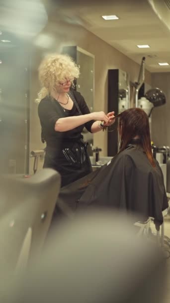 美容美发体验 专业美发师为一位时尚的欧洲女性设计的发型 时尚发型的生活方式转变 以及熟练的专业美发师设计的发型 — 图库视频影像