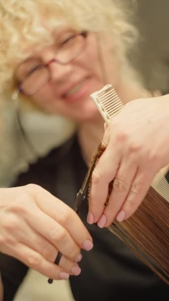 Professional Female Hairdresser Cuts Girls Hair Womens Beauty Procedures Beauty — Stock Video