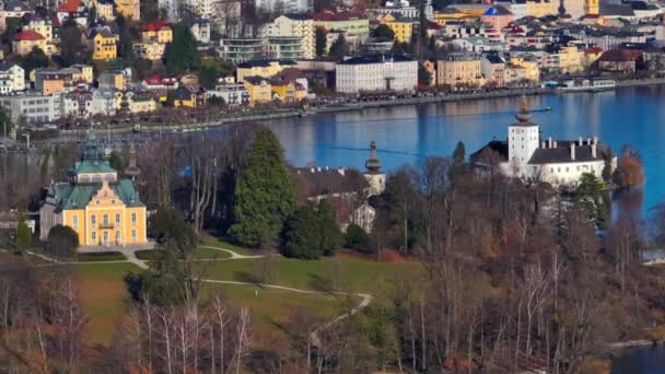 Avusturya Daki Traunsee Gölü Ndeki Orth Castle Havadan Görüntüsü Dağ — Stok video