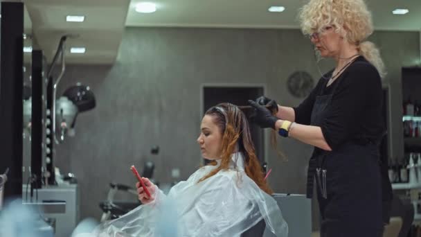 여자는 미용실에서 머리를 전화에 메시지를 보내고 미용사의 라이프 스타일 고품질 — 비디오