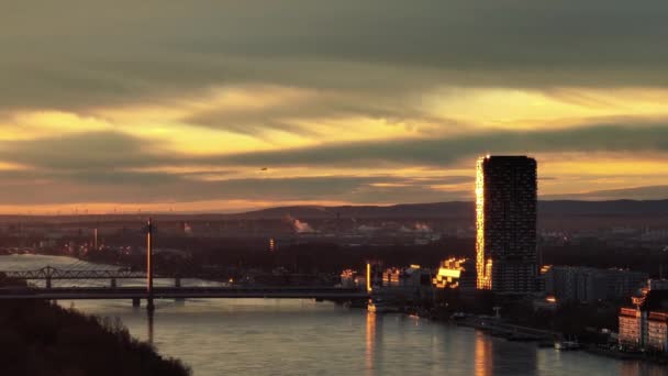 Widok Lotu Ptaka Zachód Słońca Wiedniu Austria Krajobraz Kanału Centralnego Filmiki Stockowe bez tantiem