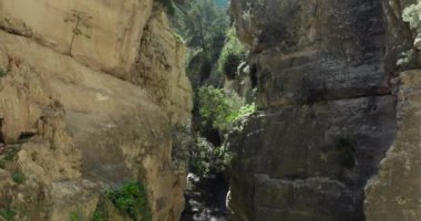 Kıbrıs 'taki Avakas Kanyonu' nun havadan görünüşü. Dağlarda doğa manzarası. Kayalık nehirler. Adanın turistik yerleri. Yüksek kalite 4k görüntü