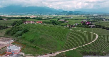 İtalya 'daki dağ üzüm bağlarının havadan görünüşü. Güzel bir dağ manzarasında üzüm tarlaları olan bir şaraphane. Yüksek kalite 4k görüntü