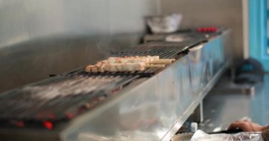 Izgara bbq tavuk şiş kebap şiş şiş. Sokak yemekleri ve şehirde lezzetli et pişirmek. Yüksek kalite 4k görüntü