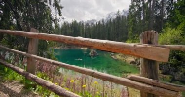 Dolomite Alpleri 'ndeki Carezza Gölü manzarası. Temiz su, çam ağaçları ve dağ zeminiyle..
