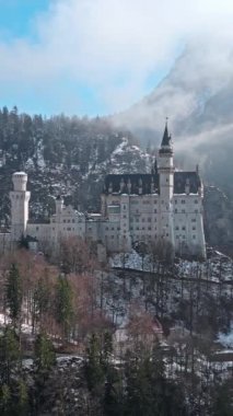Neuschwanstein Kalesi Almanya. Kış dağlarında tarihi mimarisi olan eski kalenin dikey videosu. Yüksek kalite 4k görüntü